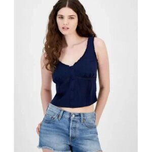 Self Esteem NEW Navy Med Crop Babydoll Tank Top Embroidery Ruched Ruffle Corset